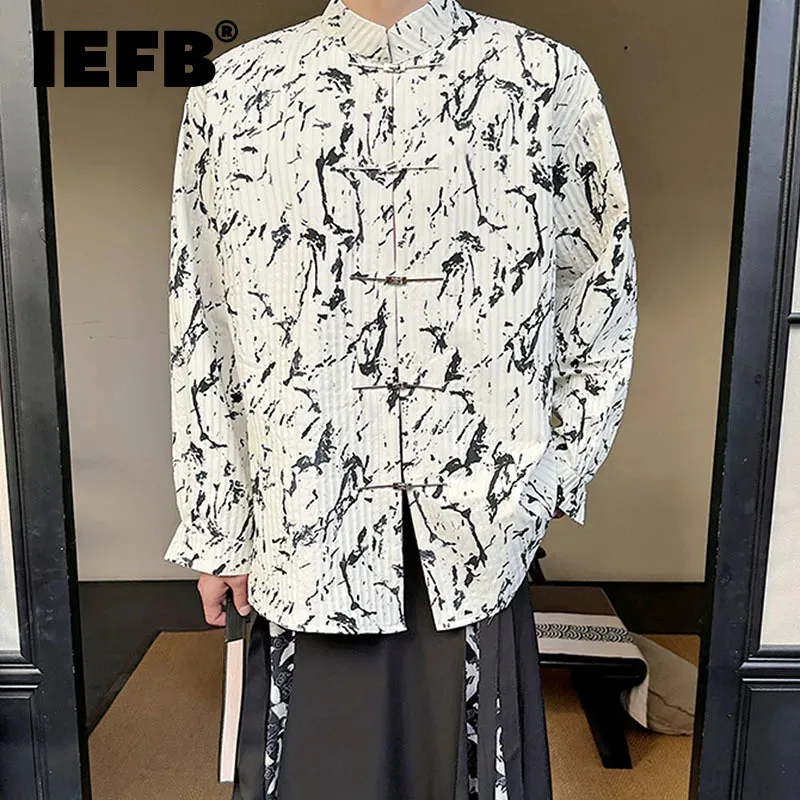 

IEFB New Trendy Long Sleeve Shirts Chinese Style Metal Knot Button Printing Stand Collar 2024 Autumn Male Clothing 9C5159