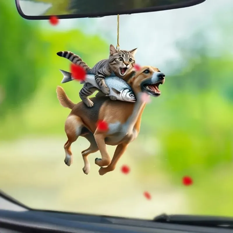 Fashion Cute 2D Flat Acrylic Cat Catch Fish Riding Dog Keychain Men Car Key Ring Lady Bag Pendant Wedding Trinket Party Gift K87