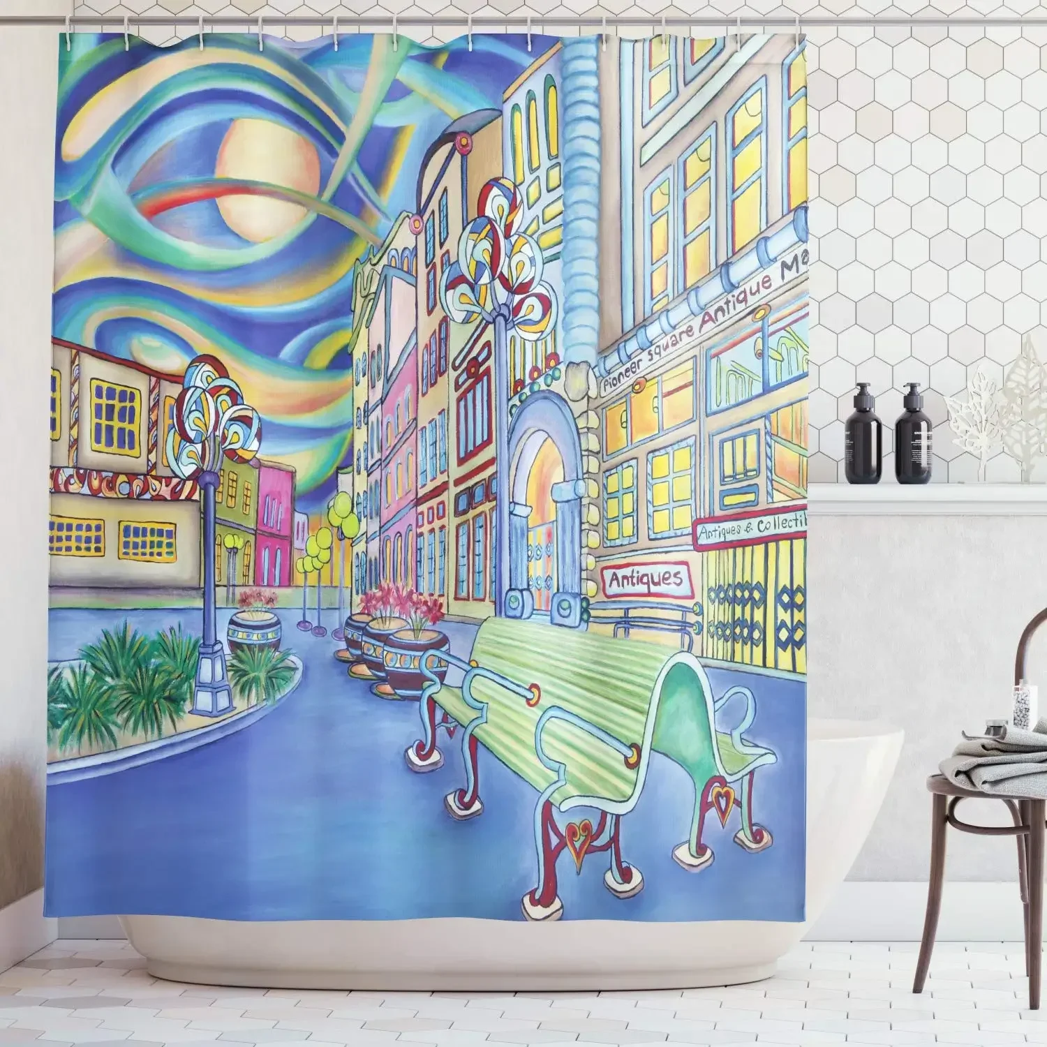 Seattle Downtown Modern City Colorful Design Art Oil Painting Polyester Shower Curtain