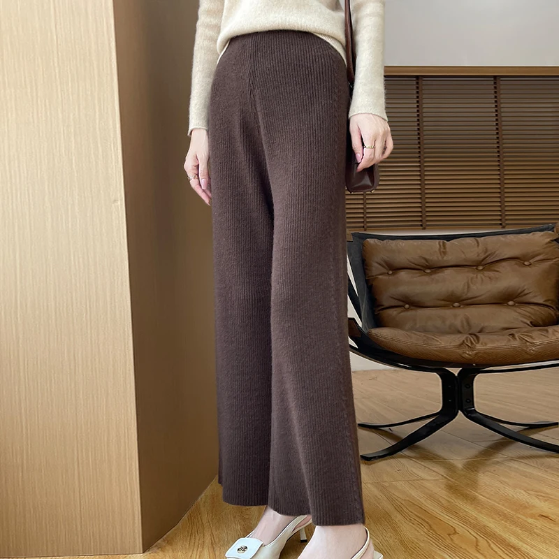 Women's wool Straight Leg Pants For AutumnWinter Fashion Solid Color Elastic Waist Loose Fit 100% Merino Pure Wool Pants