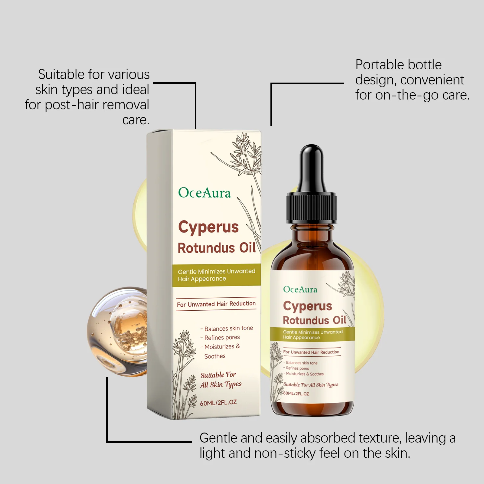 Oceaura Hair Removal Oil Moisturizing Gentle Hair Removal Soothing Redness Smoothing Hair Softening Repair Cyperus Rotundus Oil
