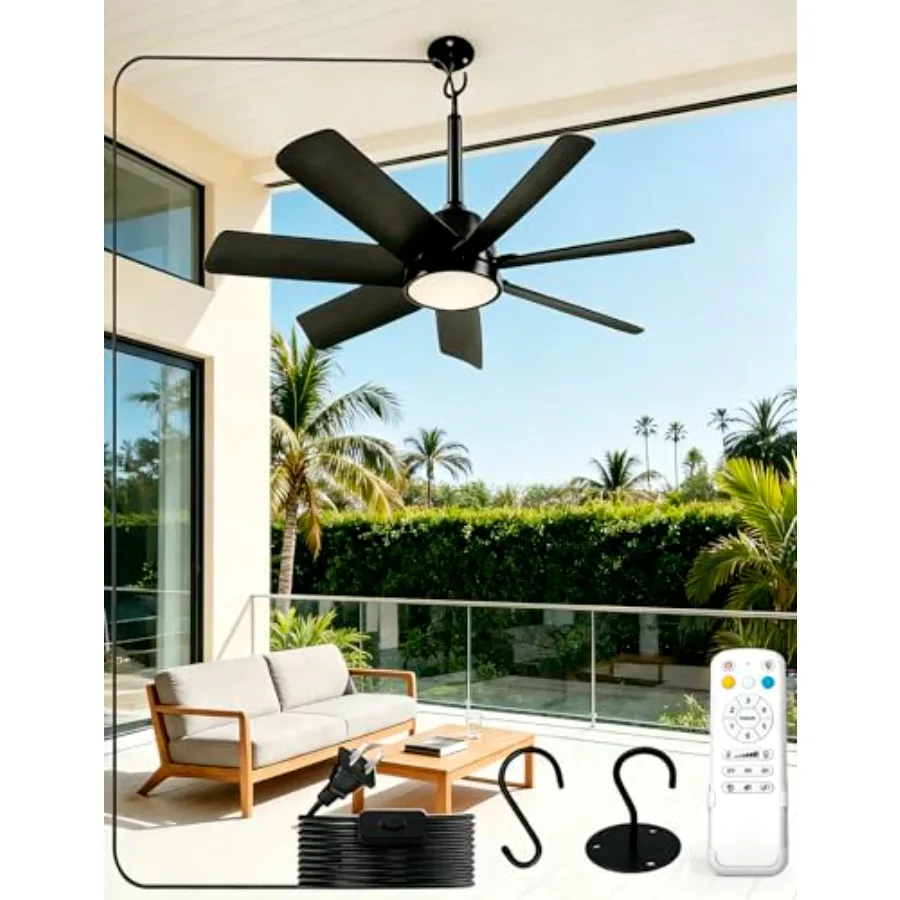 28 Inch Plug-In Outdoor Ceiling Fan with Lights and Remote LED Gazebo Hanging Fan with Hook 3CCT 3000K-6500K Dimmable Gazebo Fa