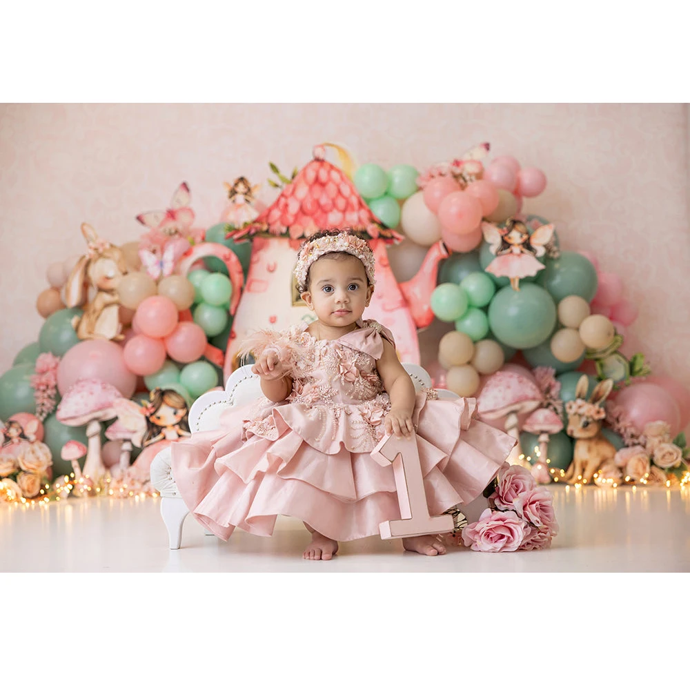 Fada primeiro chá festa pano de fundo para fotografia princesa menina bolo quebra fundos cogumelos rosa flores photo studio adereços