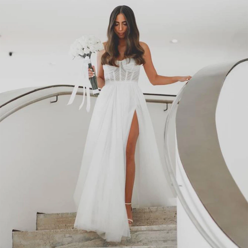

Wedding Dress White Tulle Sweetheart A Line Thigh-High Split Wedding Gowns Long Backless Sleeveless Illusion Bridal Dresses