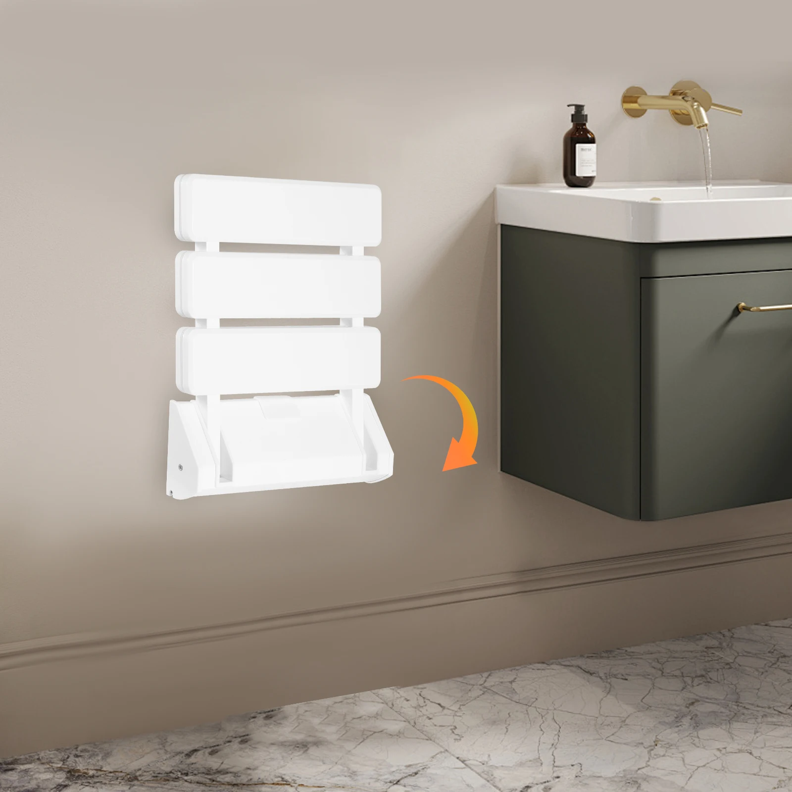 

White Modern Aluminum Alloy ABS Wall Mount Folding Shower Seat, Home Bathroom & Nursing Room Use, 300LBS Load Waterproof Space Saving Fold Down Bench for Elderly Disabled Pregnant Users