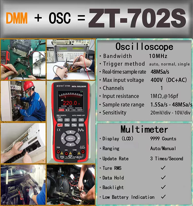 ZOYI ZT-702S Multímetro de osciloscopio automotriz digital portátil 2 en 1, ancho de banda de 10MHZ de un solo canal, longitud de registro de 64Kbyte, 48