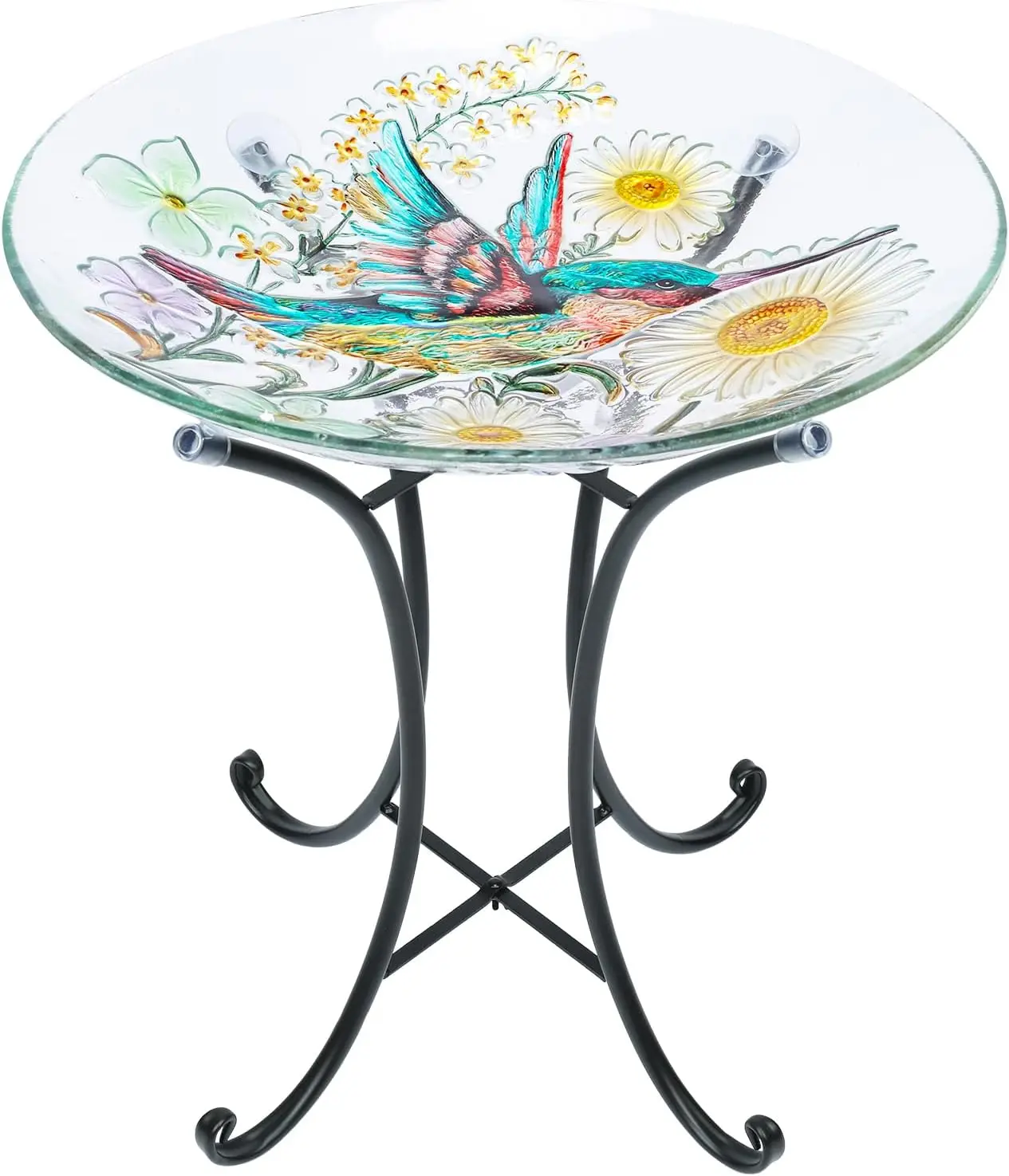 

Large Glass Hummingbird Bath with Metal Stand for Outdoor Garden Patio Lawn Decor