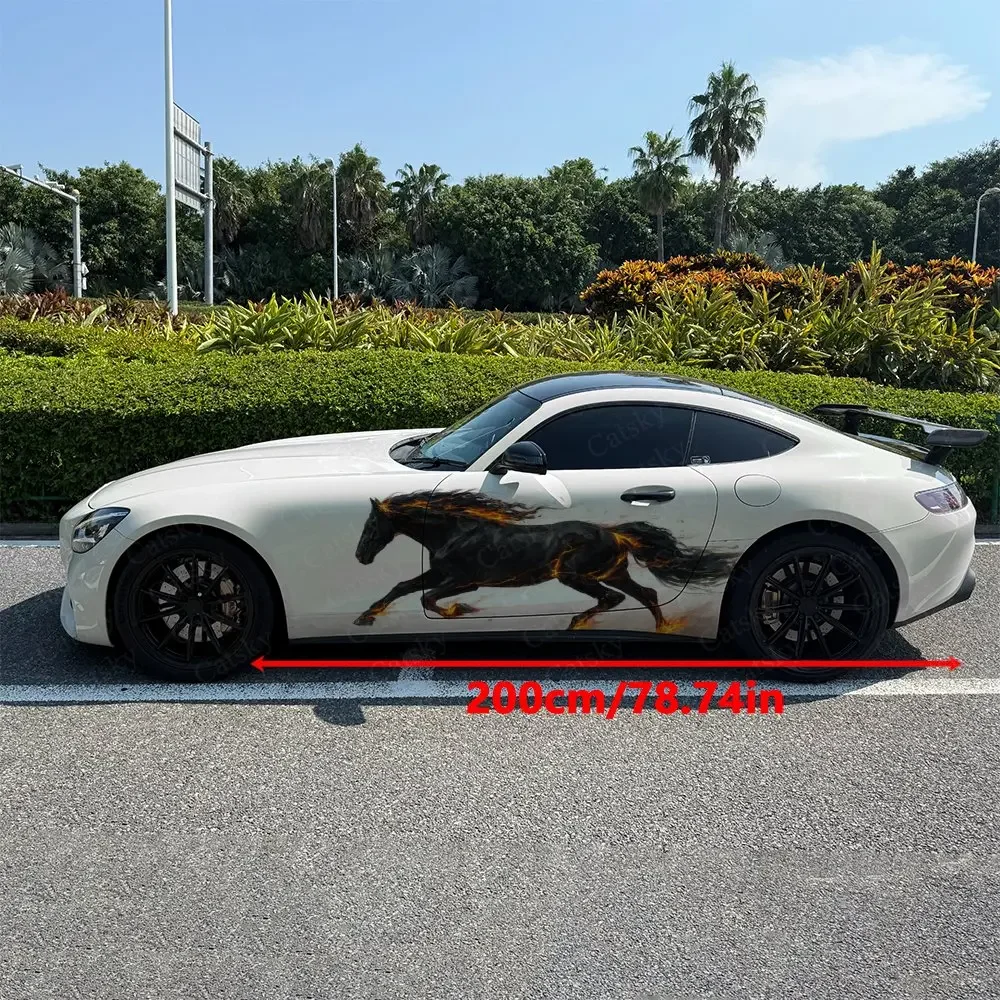 2pcs Ink & Fire Galloping Horse Car Side Wraps, Self-Adhesive PVC Waterproof & Scratch-Resistant Stickers, Car Accessory Gift