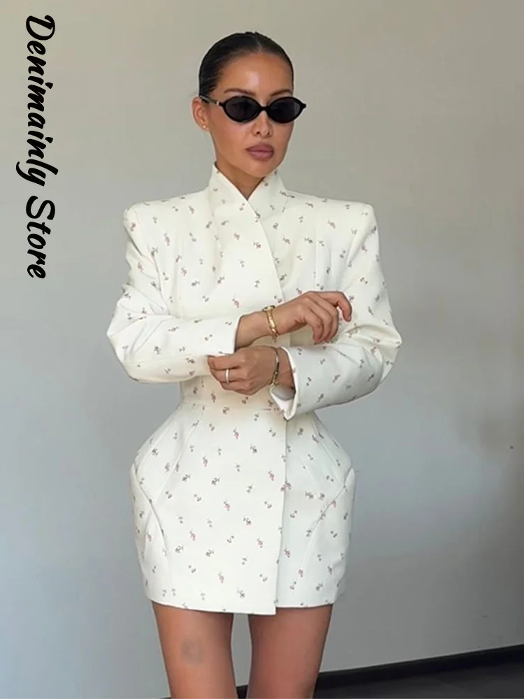 

Chic Print Shoulder Pad Blazer Coat Women Full Sleeve Stand Collar Slim Waist Suit Jacket 2025 Autumn Office Lady Outwear