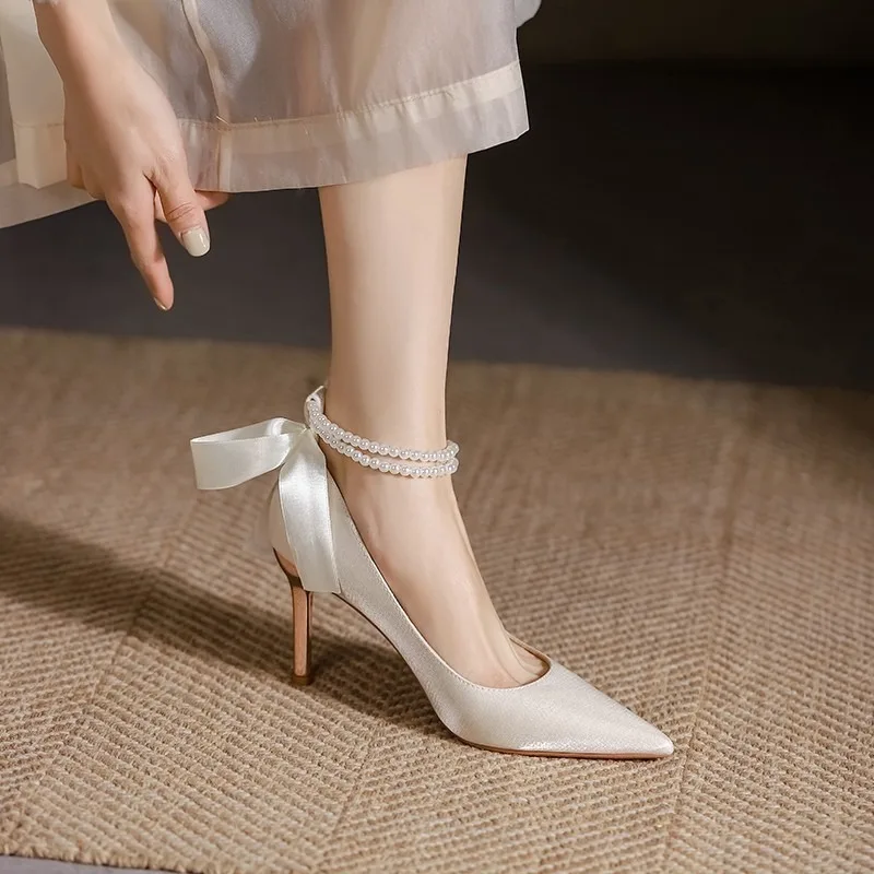 Elegant Ladies White Pearls Ankle Strap Pumps for Wedding Women Silk Back Bowtie High Stiletto Heeled Shoes Woman Spring 2023