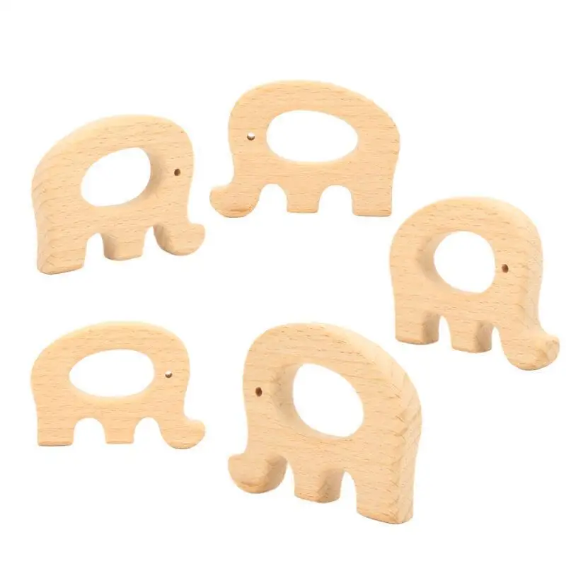 5PCS Elephant Wooden Teether Rings - Natural  Non-Toxic Teething Toys