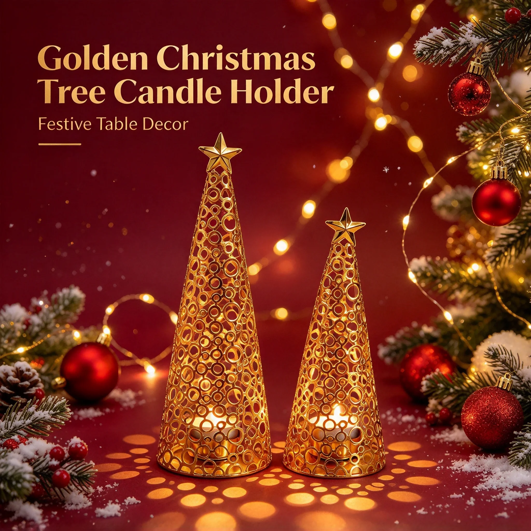Hollow Golden Metal Christmas Tree Candle Holder Star Top Tealight Candlestick Xmas Tabletop Wedding Home Decoration Ornament