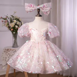 Robe de princesse rose à paillettes pour enfants, robe tutu pour enfants, costume de performance de piano, fleur d'hôte, anniversaire de fille