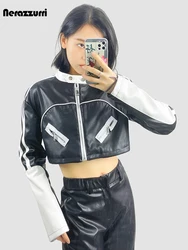 Nerazzurri Spring Short White and Black Color Block Pu Leather Racer Jacket Women Stand Collar Long Sleeve Luxury Cropped Top