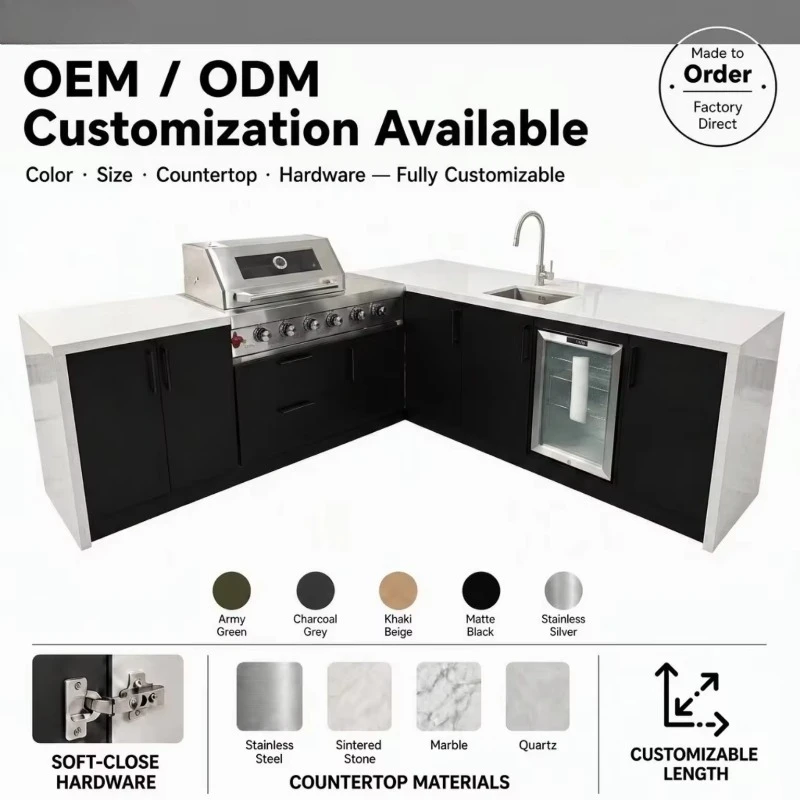 Professional L-Shape Outdoor Cooking Station 5-Burner Gas Grill Sink Refrigerator Stainless Steel Waterproof Party Ready