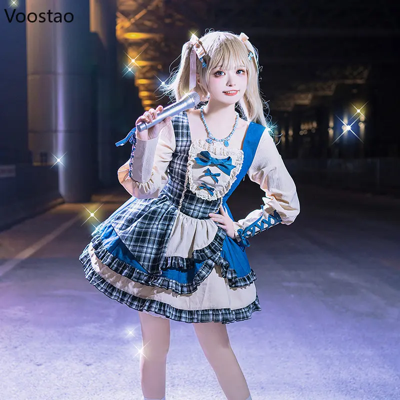 Japanese Sweet Bow Lolita OP Dress Women Kawaii Plaid Ruffles Patchwork Denim Party Dresses Girls Gothic Y2K Punk Mini Dress