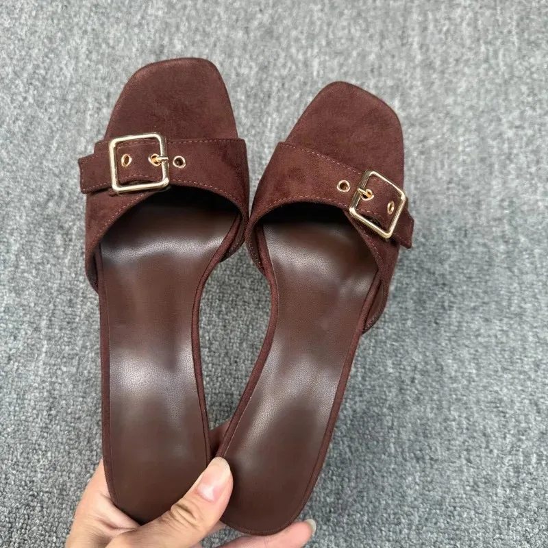 Foreign Trade Women's New Fashion and Versatile Belt Buckle Flip-flops Square-toe Slippers Wear Sandals and Slippers Outside