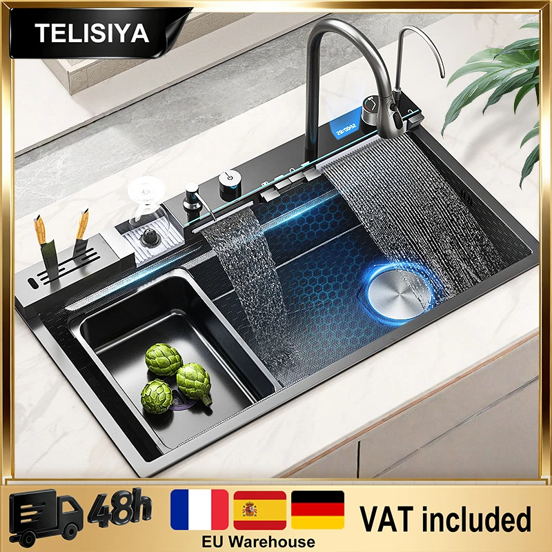 

Кухонная мойка из нержавеющей стали, многофункциональная, с интеллектуальным цифровым дисплеем, водопадным изливом, большая одинарная чаша для мытья овощей