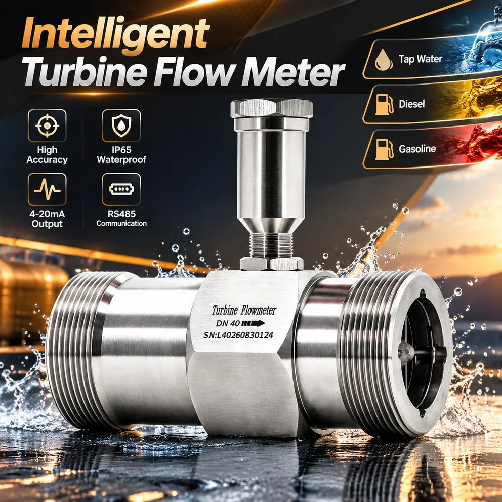 Intelligent Turbine Flow Meter Stainless Steel IP65 ±0.5% Pulse Output DC24V Pipe Liquid Flow Sensor for Tap Water Diesel