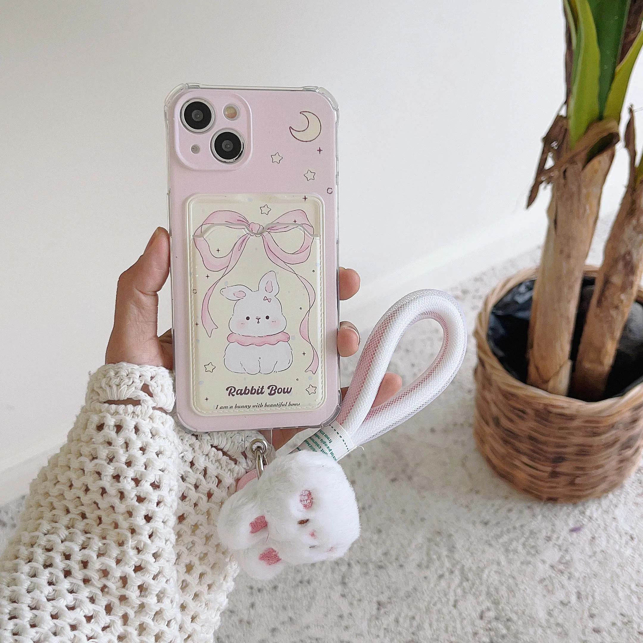 Cute Pink Bow Rabbit Card Bag Phone Case For Iphone 13 11 14Pro 15ProMax 13Pro 12 14 15 Pro Max 13ProMax Plush Bunny Rope Cover