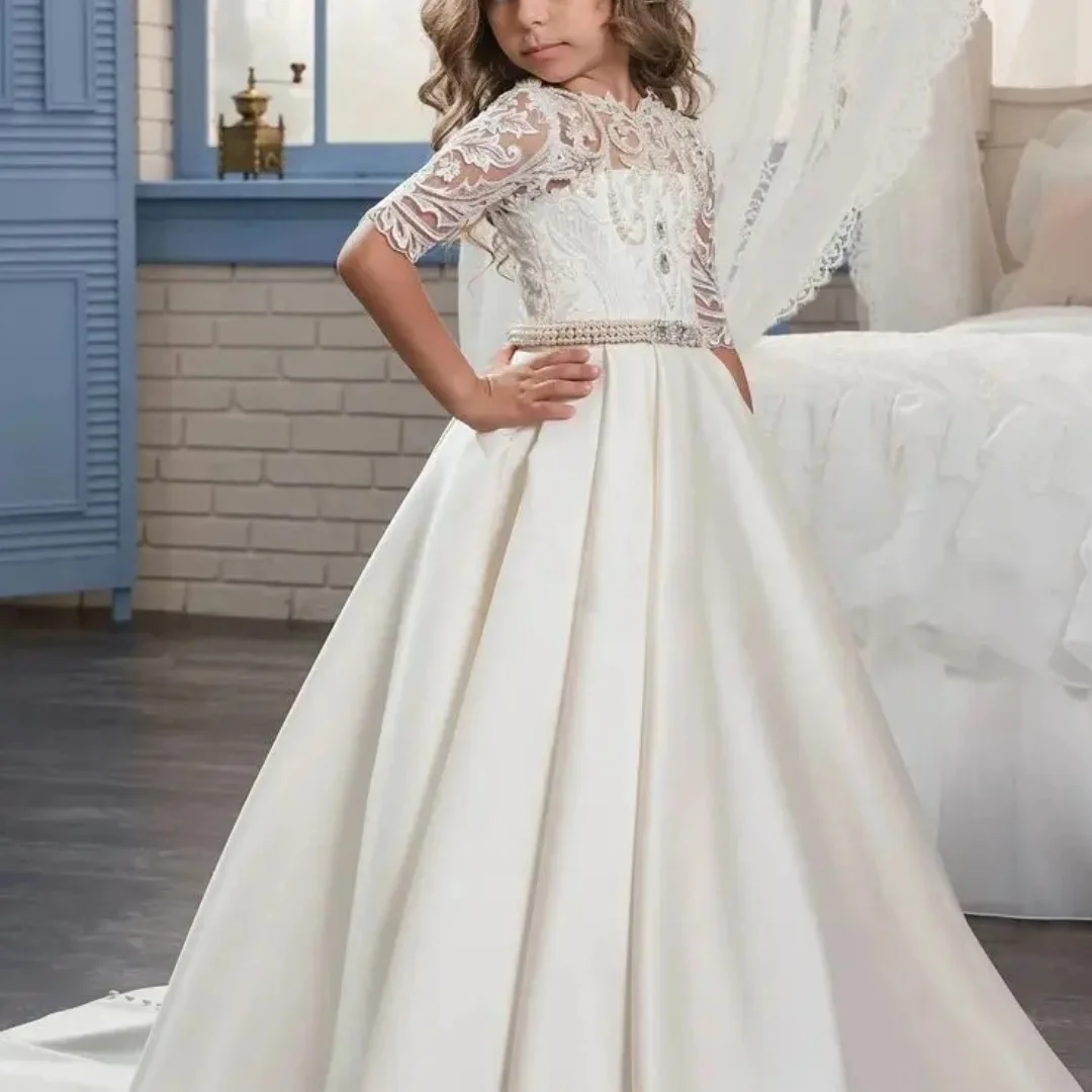 Ivory Lace Flower Girl Dress Elbow Sleeve Satin Trailing Ball Gown Beaded Sash Kids First Communion Pageant Wedding PartyDresses