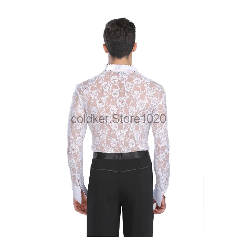 New Men\'s Latin Dance Costume Black White Hollow Lace Leotard Bodysuit Cha-Cha Tango Rumba Dance Performance Shirt For Male