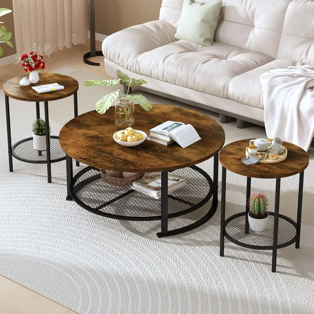 

Rustic Brown 3-Piece Coffee and End Table Set with Large Storage for Living Room