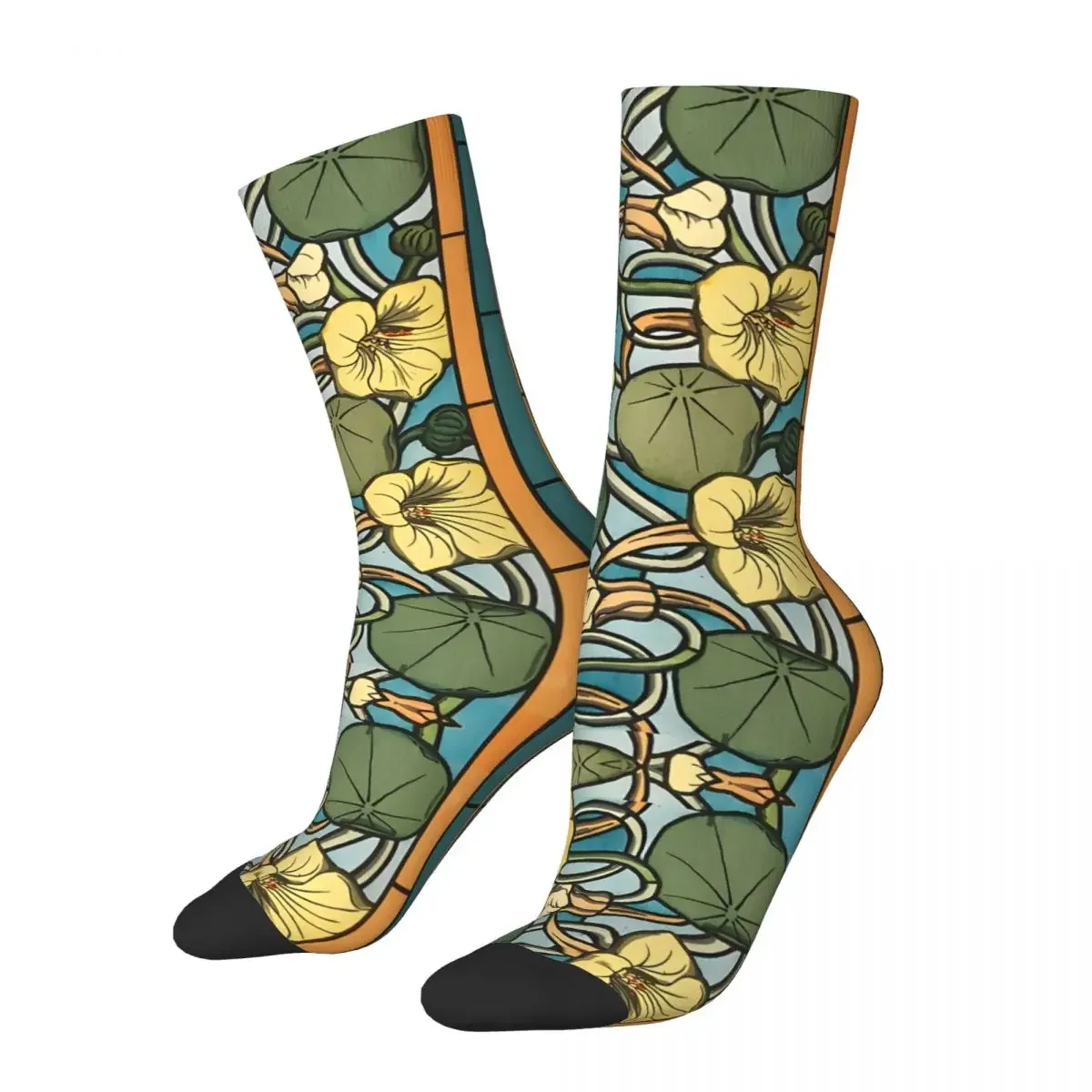 

YELLOW NASTURTIUM FLOWERS,BLUE GREEN Men's Socks Retro Harajuku Street Style Novelty Pattern Crew Sock