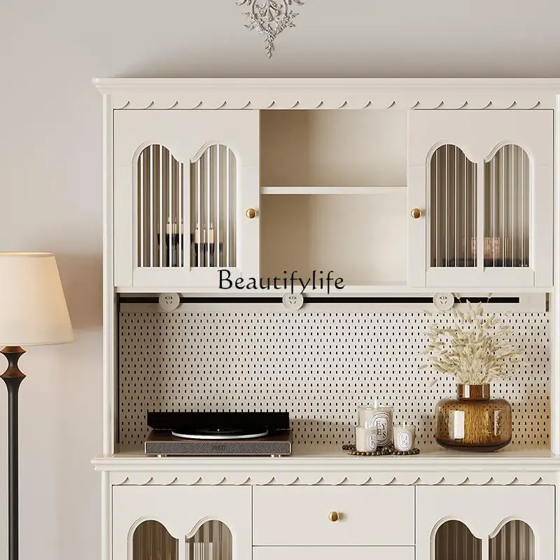 05-خزانة جانبية لتناول الطعام من الخشب الصلب الفرنسي، طبقة مزدوجة علوية وسفلية، خزانة مشروبات تخزين أمريكية على الطراز الكريمي #4