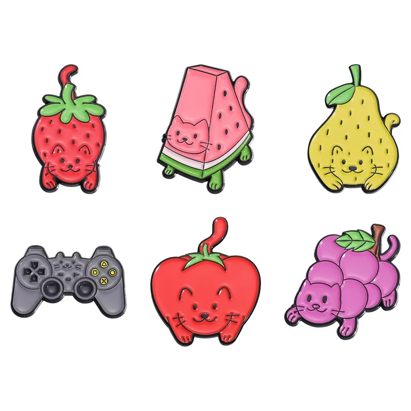 Cartoon Fruit Animal Enamel Pin Badge  Brooch Kitten Strawberry Watermelon Pear Lapel Backpack Jewelry Gifts Friends Wholesale