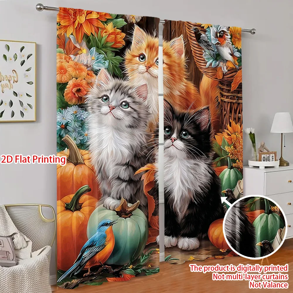 2PCS Digital Print Curtains, Autumn Kitten Pumpkin Flower Blue Bird Pattern, Realistic Oil Painting Style for Bedroom ／