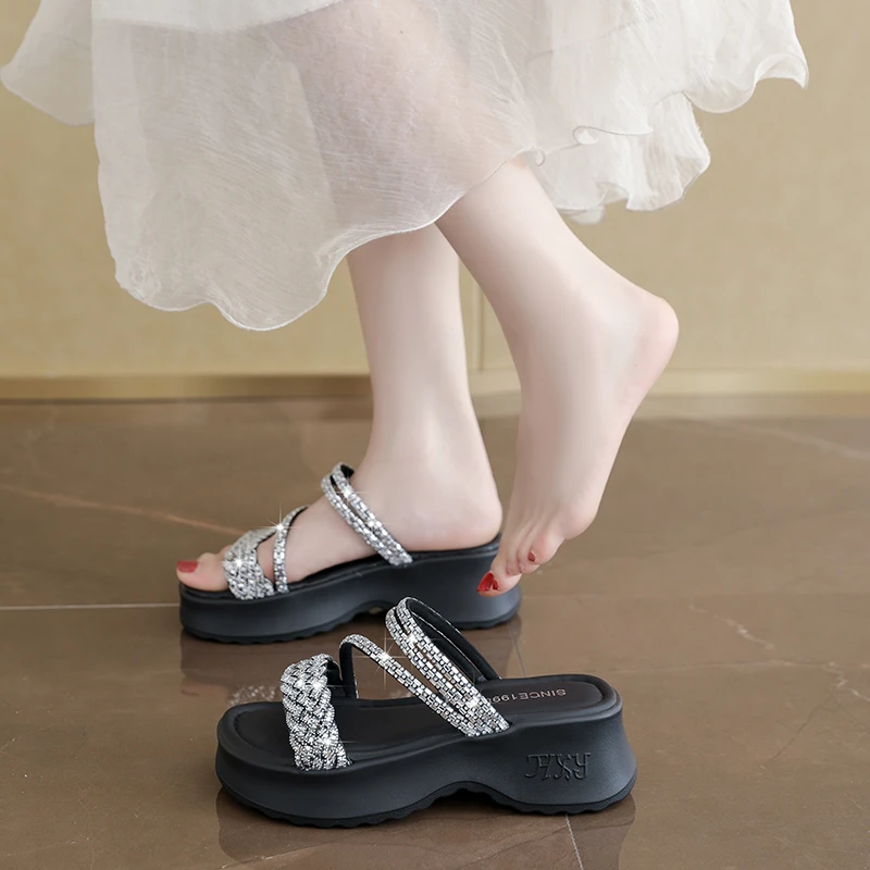 Petite Women 6CM Height Increasing Half Slides Summer Thick Platform Slippers Small Large Size for Wide Chubby Feet view 4