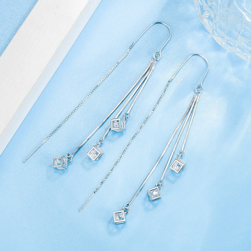 Hollow Cube Zircon Tassel Threader Earrings Multi-Strand Long Pull Through Drop Earrings Minimalist Korean Women Jewelry