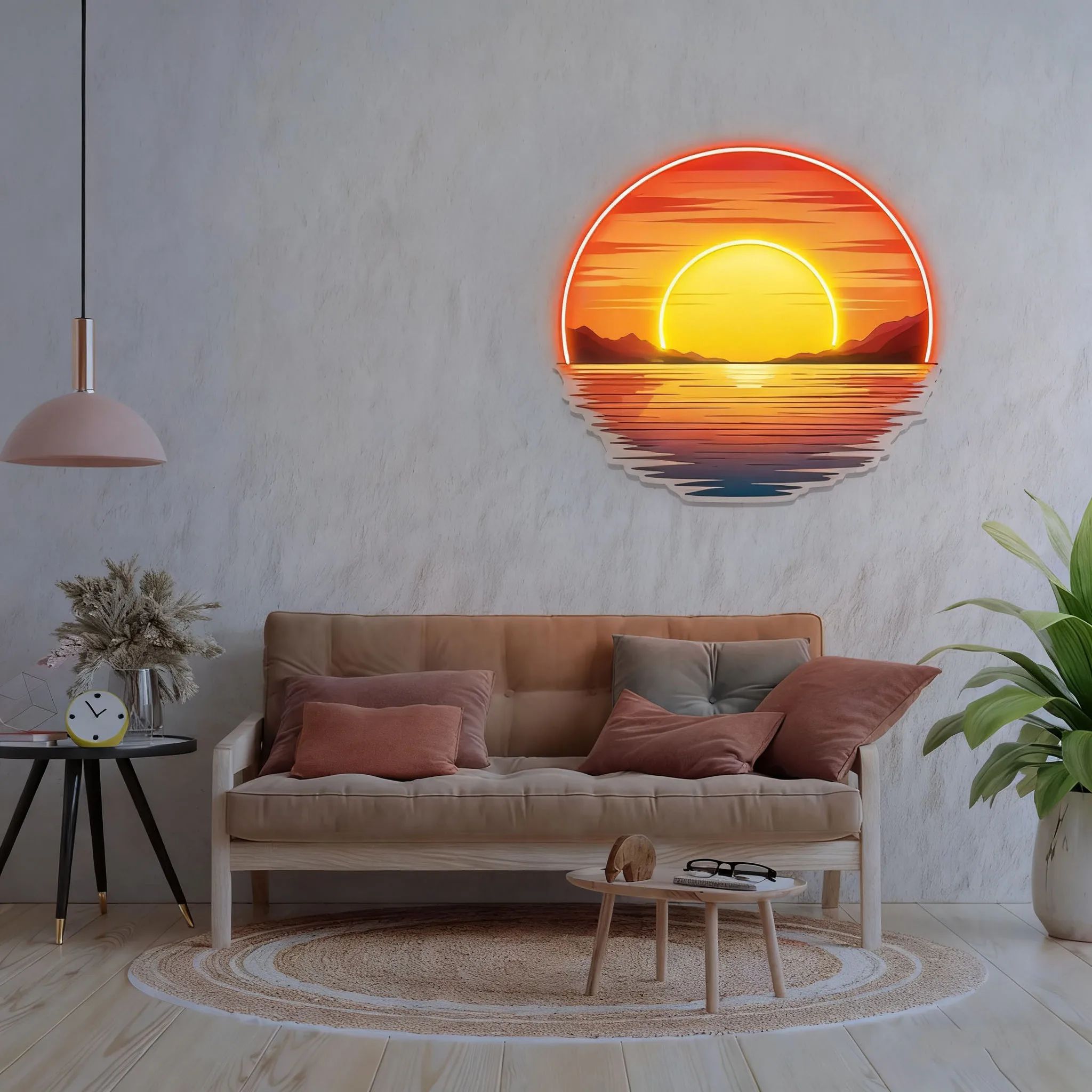 علامة نيون غروب الشمس، ديكورات جدار الشمس، علامة نيون شروق الشمس، علامة نيون صني، لوحة فنية جدارية لموجة النيون الطبيعية، لافتة نيون مخصصة