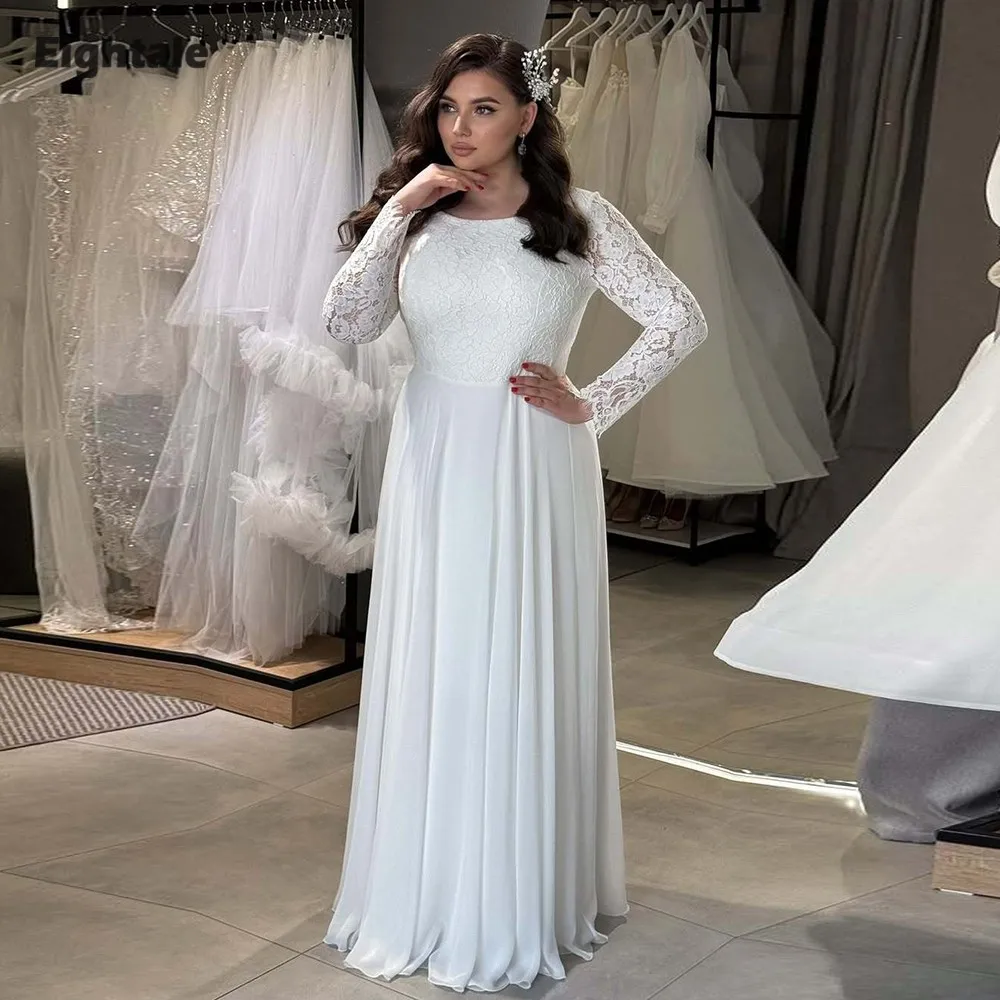 

Eightale Arabic Wedding Dresses Lace Customized Long Sleeve O-Neck Chiffon Plus Size Floor Length Bridal Gowns Vestidos De Novia