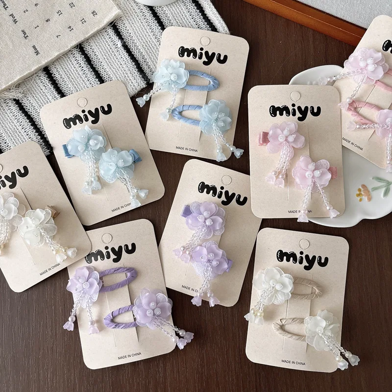 2pcs/set Sweet Princess 3D Mesh Flower Fully Covered Snap Hair Clip Kids Girls Spring Summer Vintage Tassel Fairy Hair Accessory