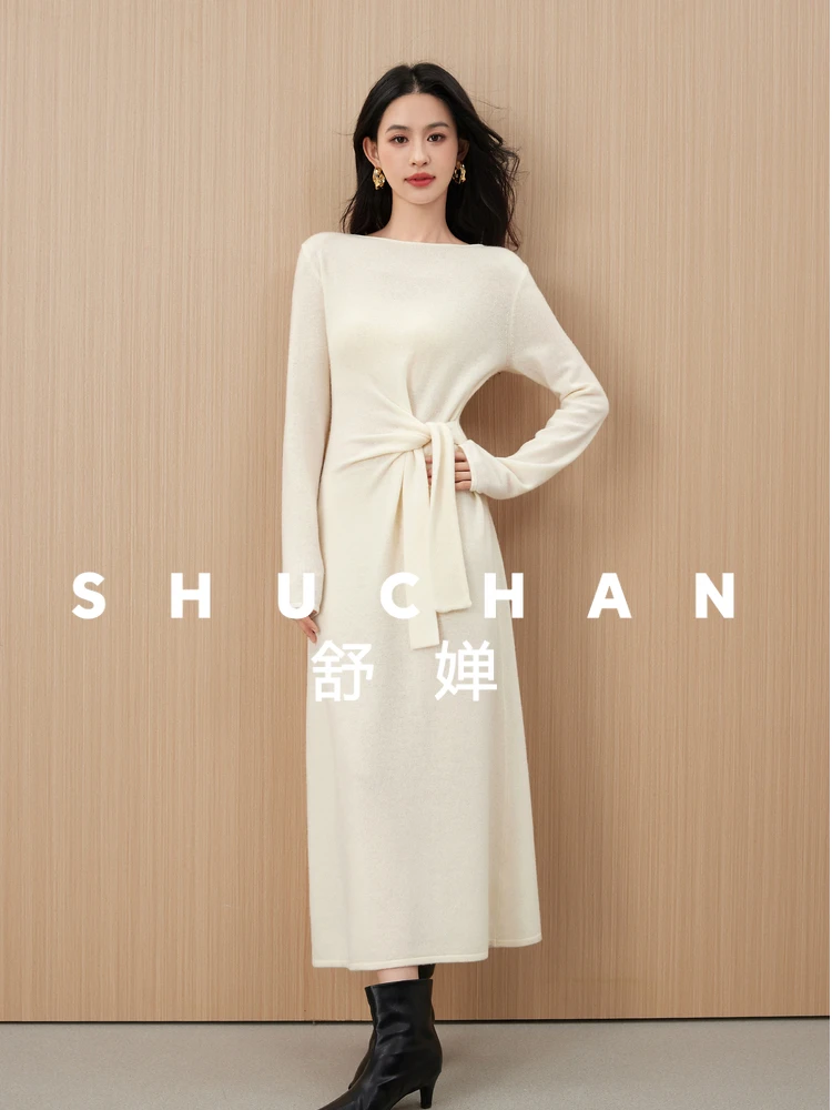 French Slim Wool Cashmere Deconstruction Waist Lace-up One-word Neck Knitted Dress Women Vestidos Elegantes Para Mujer