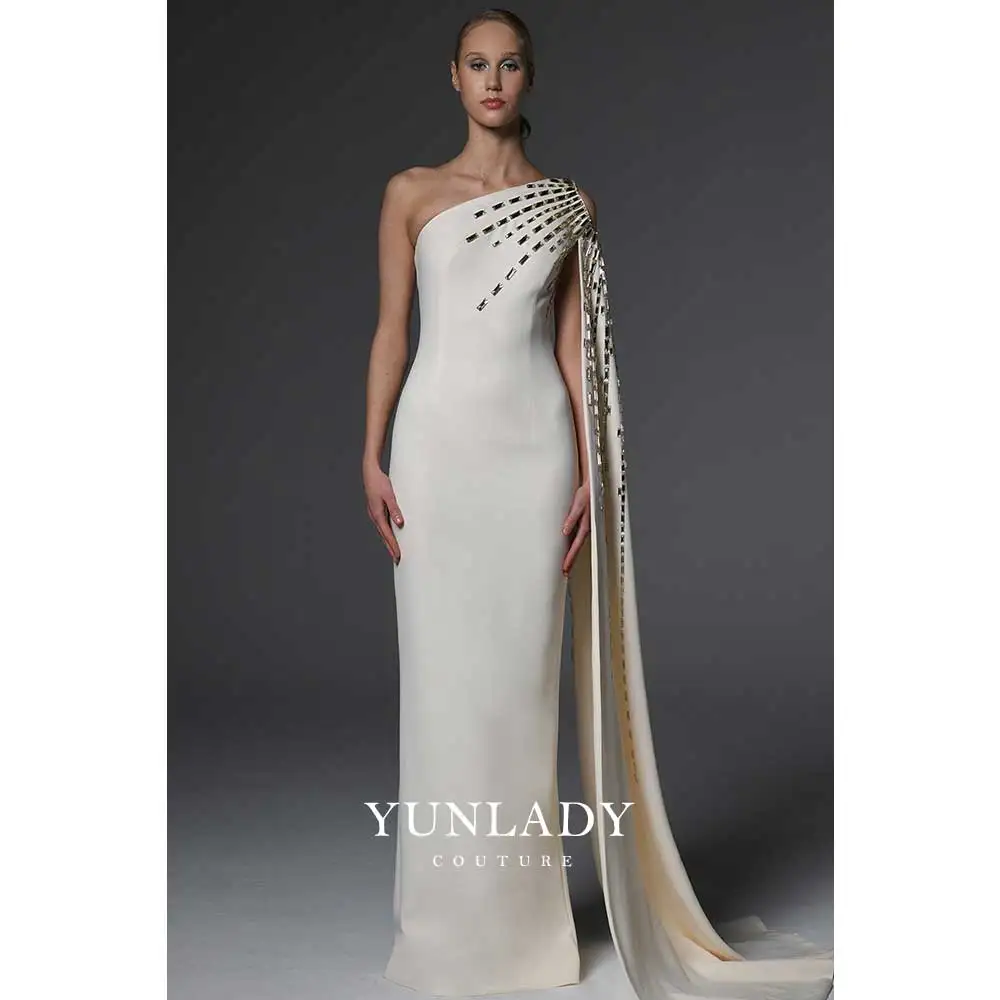 YUNLAN Gorgeous UAE Beige One Shoulder Sleeve Rhinestone Maxi Dress 2024 Women Special Occasion Cape Sleeve Party Evening Dress