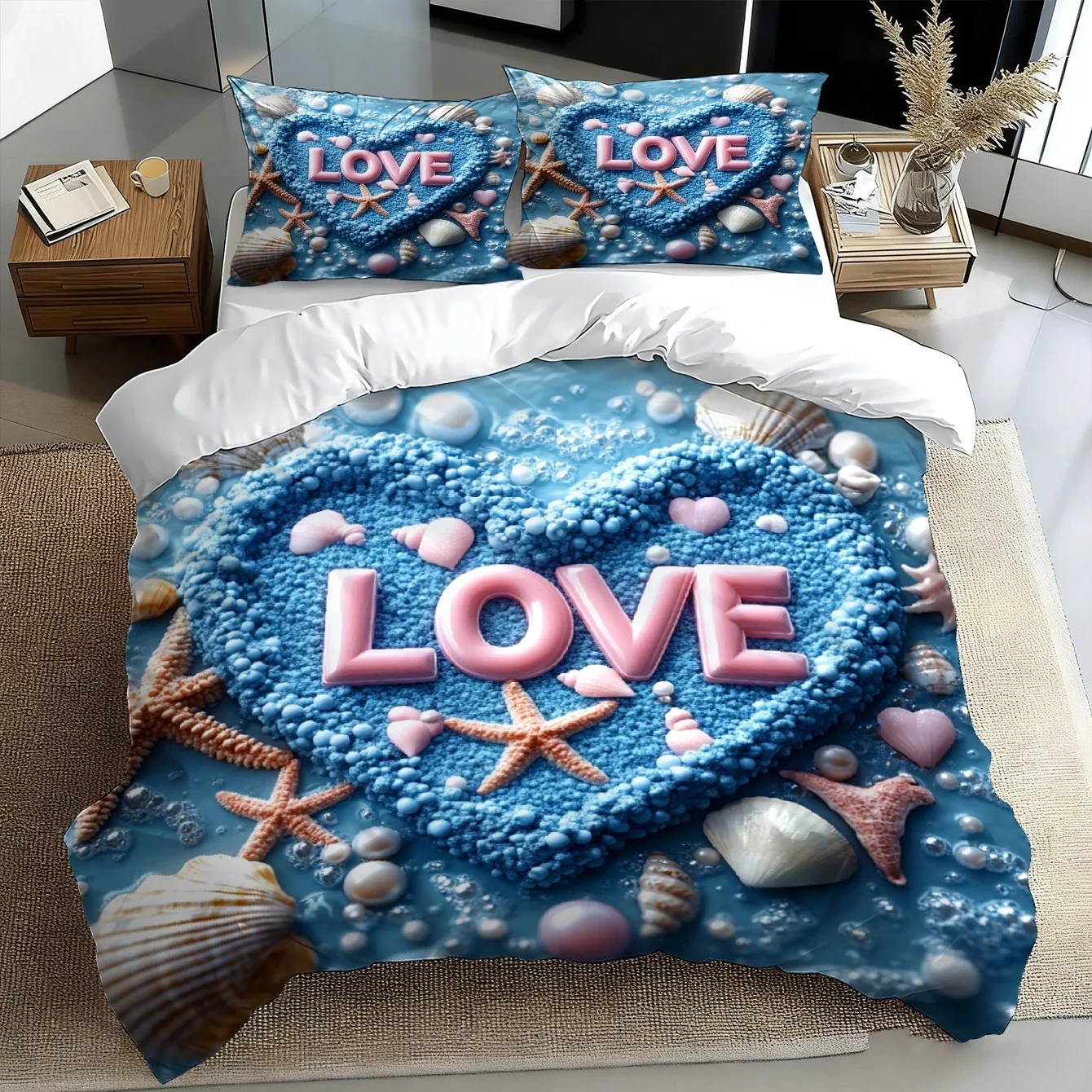 Blue Duvet Cover Set Ocean Shell Starfish Heart 'LOVE' Print Bedding for Valentine's Day Suitable for Living Room And Bedroom
