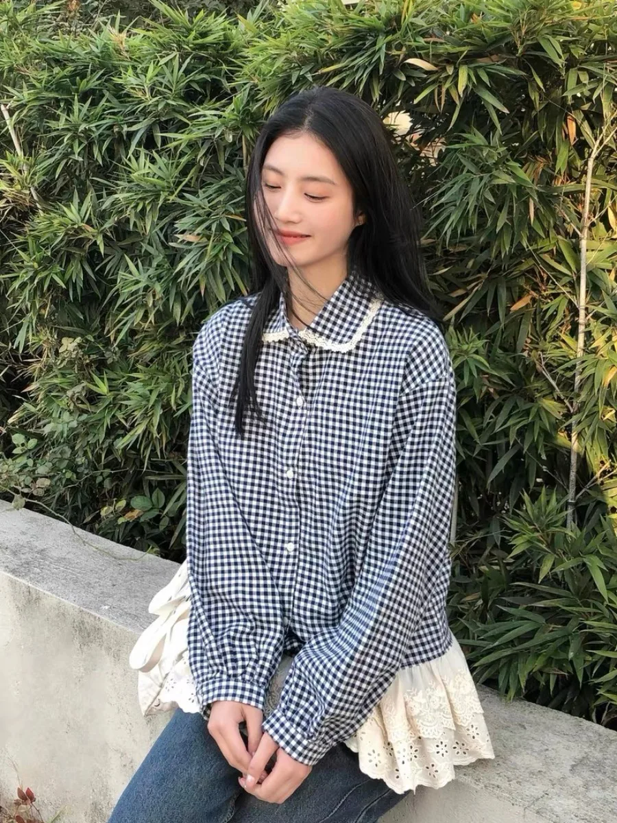 Doce coreano sle plissado xadrez solto gola de boneca feminino irt camadas topo idade-defng longo sve fibra de poliéster