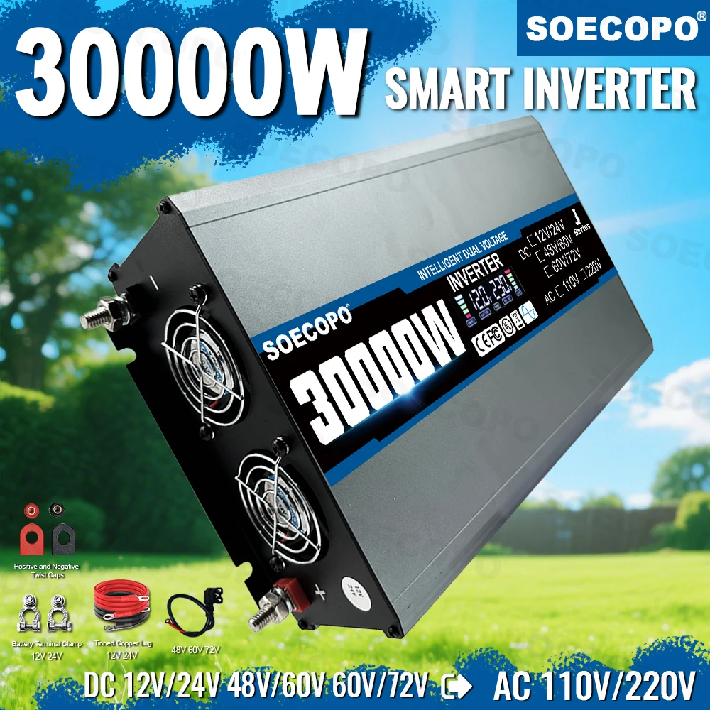 SOECOPO 30000W Car Smart Solar Inverter Dual Voltage Input DC 12V/24V 48V/60V 72V to AC 110V/220V for Home And Camping RV