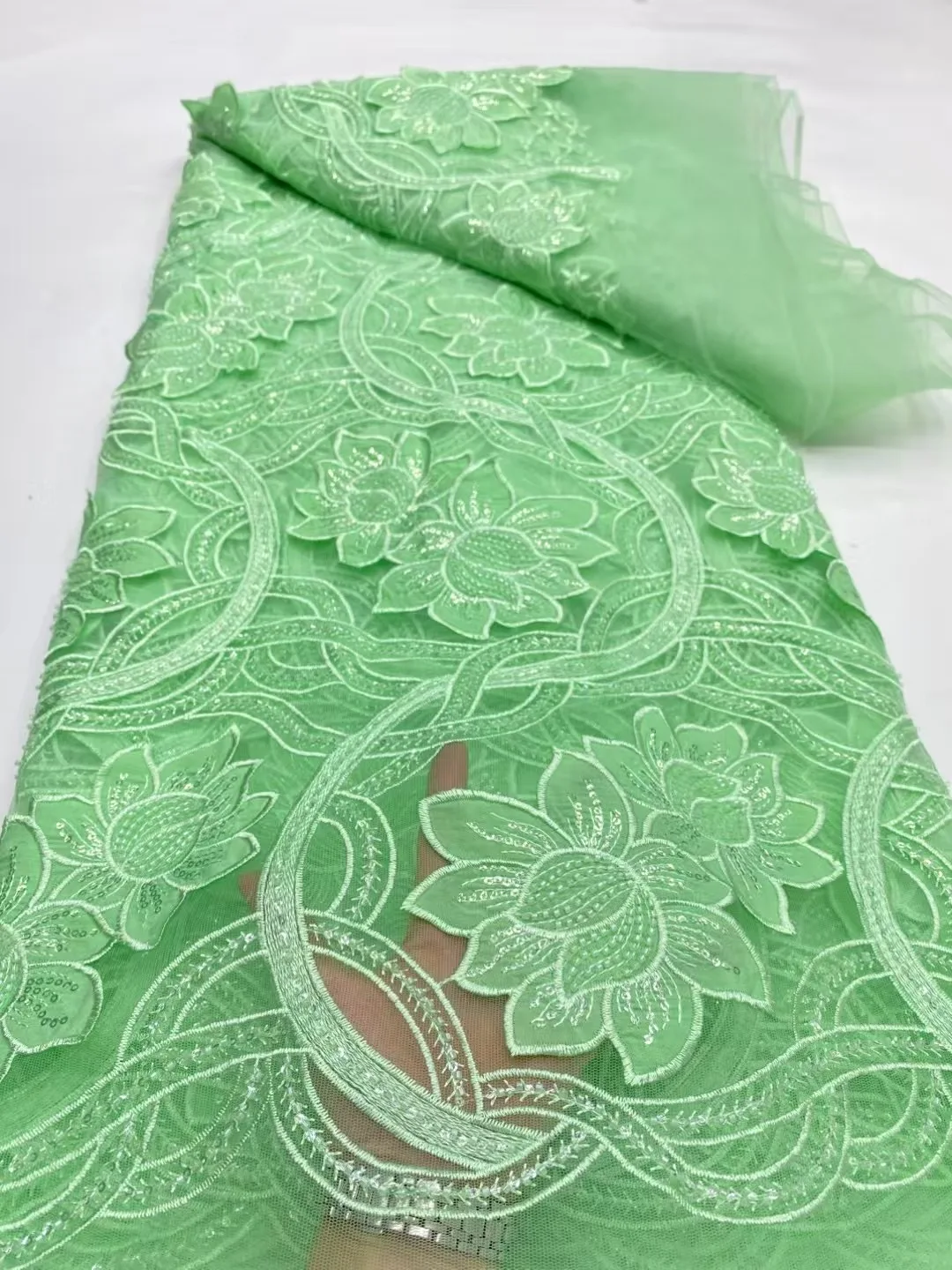 

2025 Latest High Quality African Nigerian With Tulle Sewing Lace Fabric Guipure Embroidery Dresses Sequins 5Yards DP0395