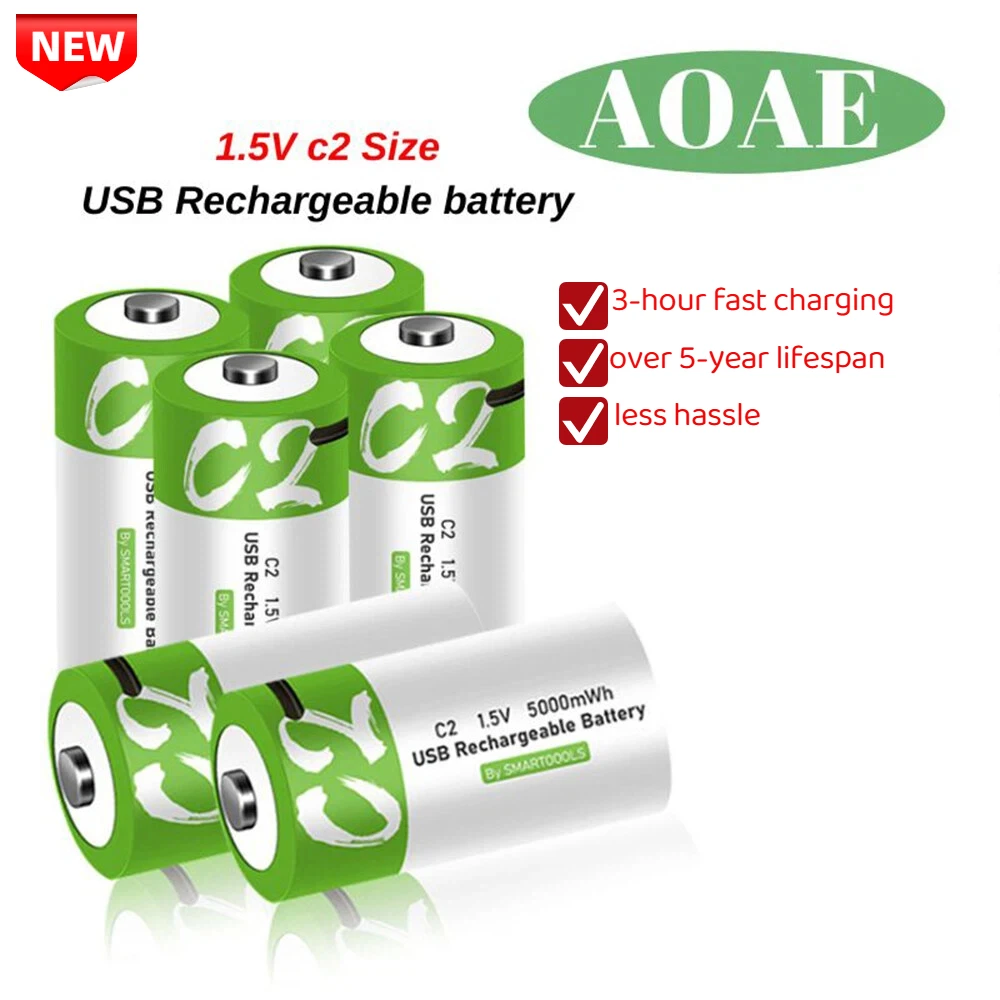 1.5V 5000mWh C2 LR14 C Size Li-po Rechargeable Battery Type-C Fast Charging Replace Disposable for Flashlight Gas Cooker Piano