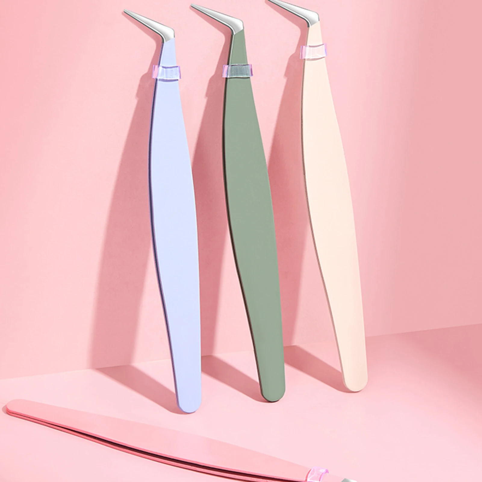 1개 속눈썹 핀셋 전문가용 핑크/블루 스테인리스 스틸 고정밀 핀셋 볼륨 팬 속눈썹 연장 메이크업용