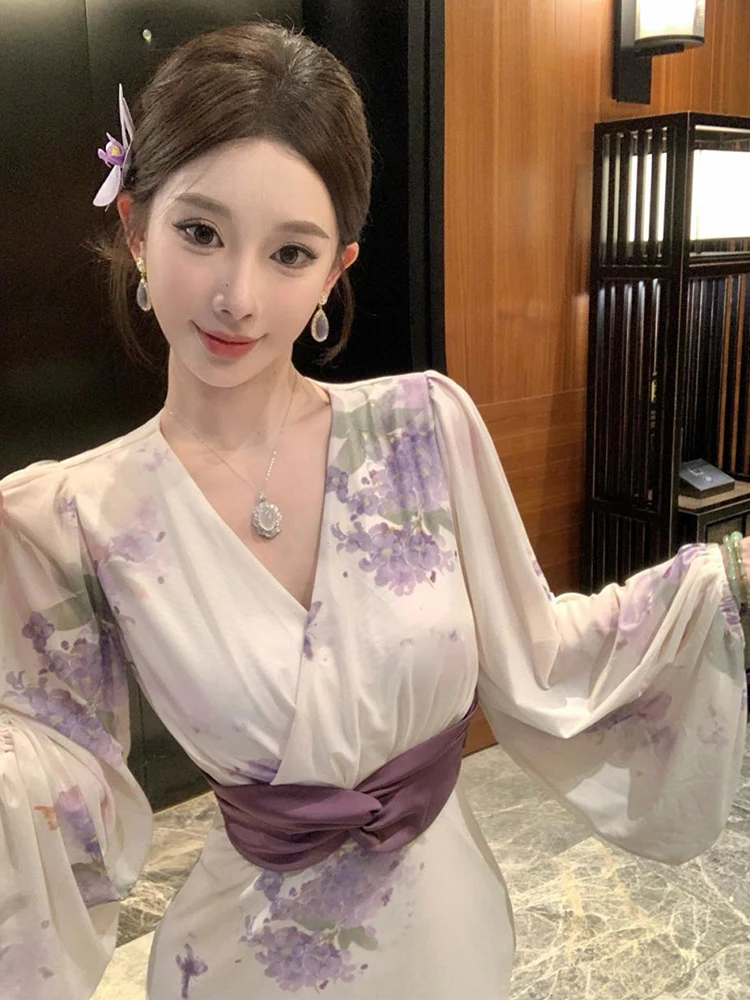 Vrouwen Kleding Zoete Bloemenprint V-hals Lace-Up Slanke Maxi Lange Jurk Elegante Dame Party Prom Vestido Gewaad Boho Casual Koreaanse Nieuw