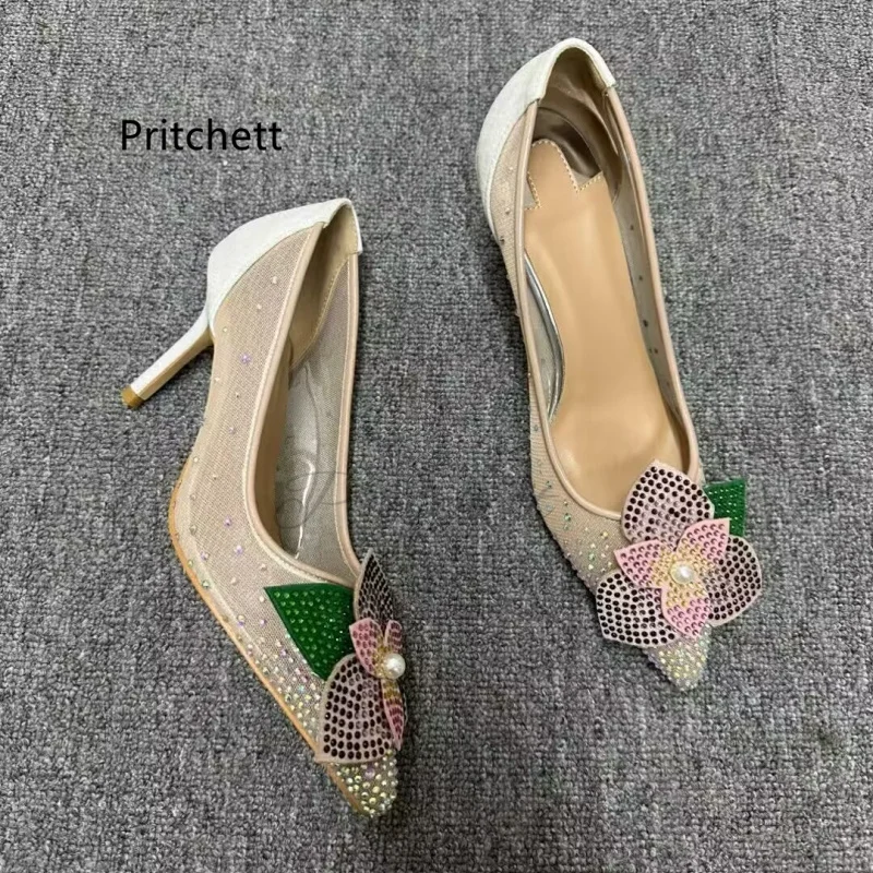 

Crystal Floral Mesh Splicing Pumps for Women Thin High Heels Women's Shoes Slip On Pointy 8Cm/10Cm/12Cm Wedding Bridal Shoes