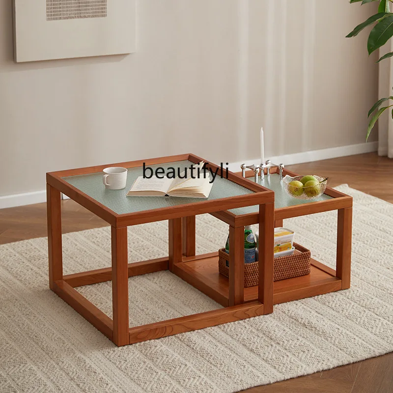 

Side Table Minimalist Corner Table Small Apartment Living Room Movable Solid Wood Glass Cherry Wood Small Coffee Table