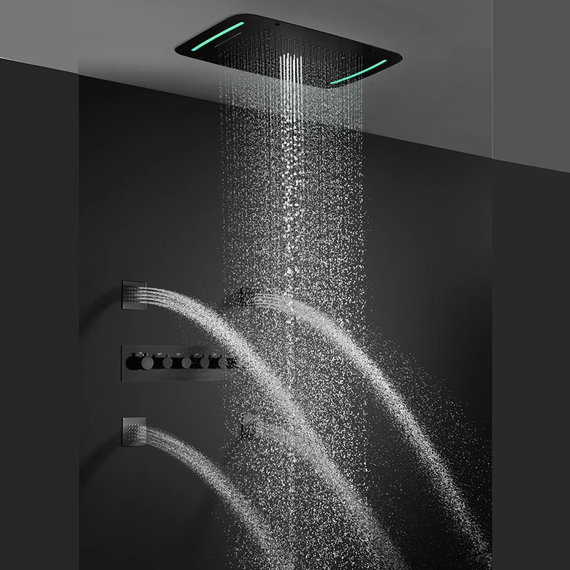 Luxury Sus304 Bathroom Matter Black Shower Mixer Ceiling Thermostatic Led Shower Set with 4 Body Jet
