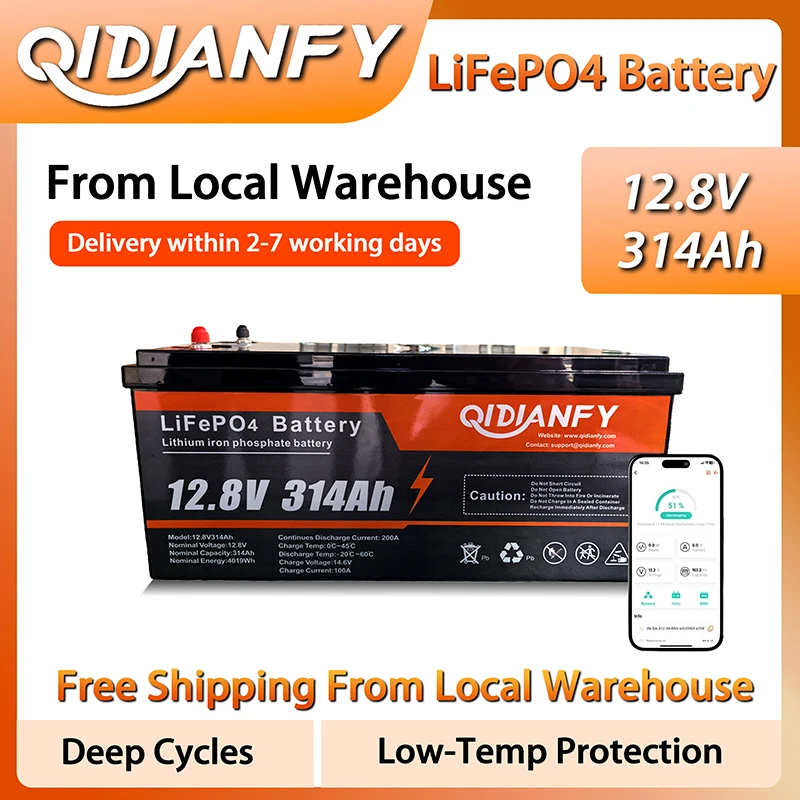 Qidianfy 12V 314Ah LiFePO4 Lithium Battery Bluetooth Built-in 200A BMS 4019Wh Capacity for Vans Backup Energy Marine Camping