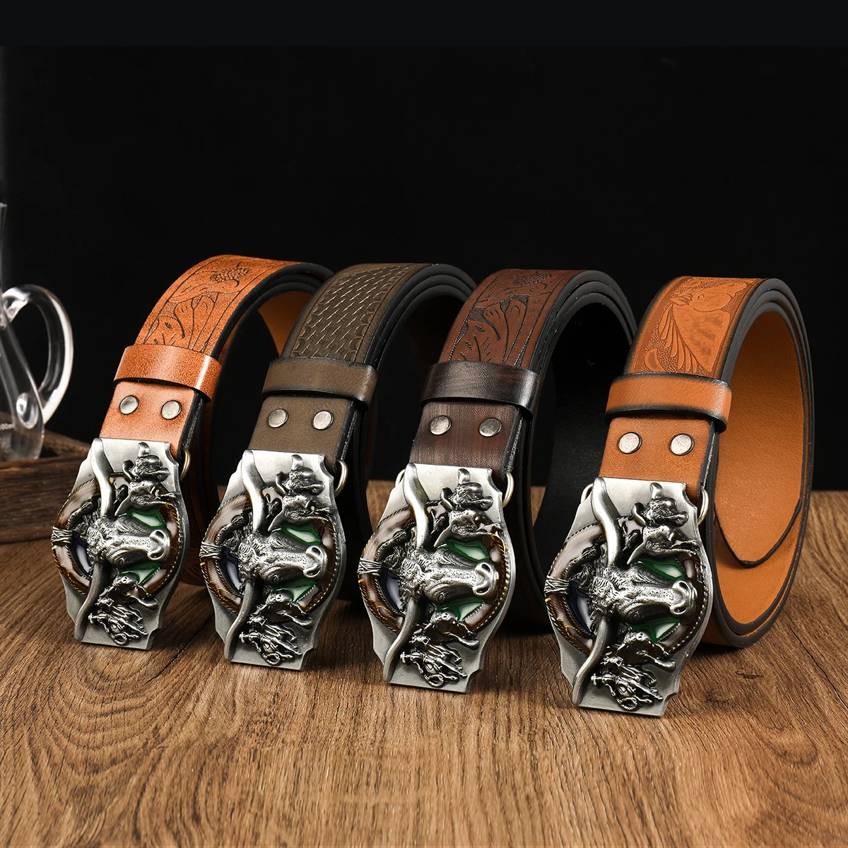 

Black Head Big bull head 3.7cm wide men's and women's Western bull head denim style bull scalprendy belt smooth buckle